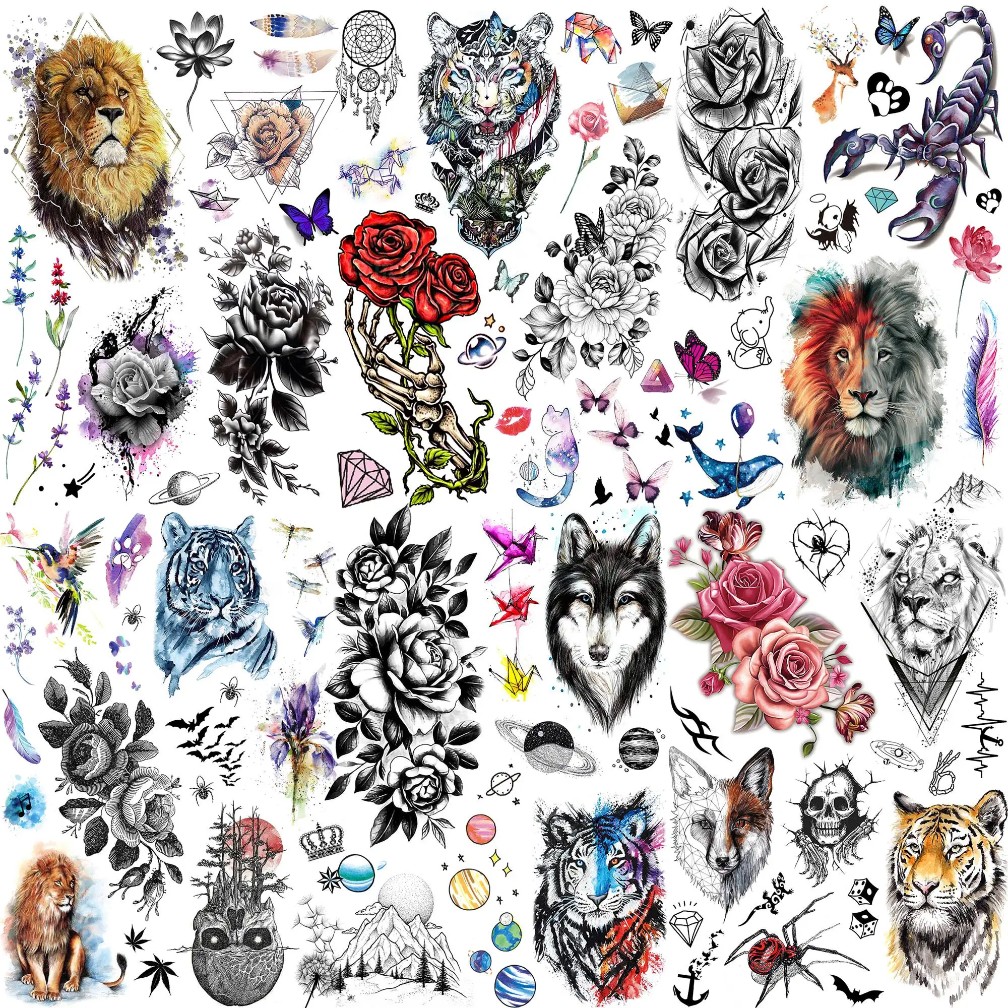 

6 Sheets Watercolor Wolf Tiger Lion Temporary Tattoos For Men Women Adults Fake Tattoos Sticker Realistic Flower Tatoos Scorpion