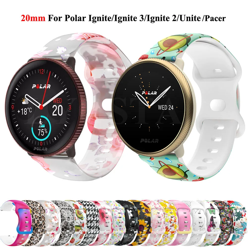 

Ремешок 20 мм для часов Polar Pacer/Ignite 3, силиконовый спортивный браслет с принтом для Polar Ignite 2/Unite/Suunto 3 Fitness Correa