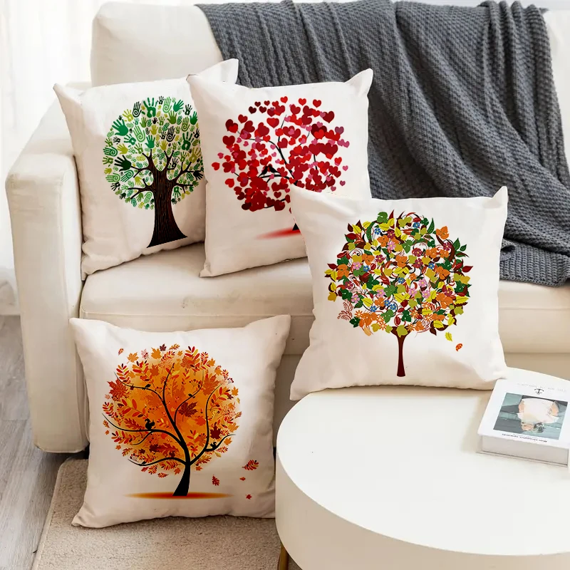 

Colorful Trees Multiple Shapes Leaf Pattern Print Square Pillowslip Linen Blend Cushion Cover Pillowcase Living Room Home Decor