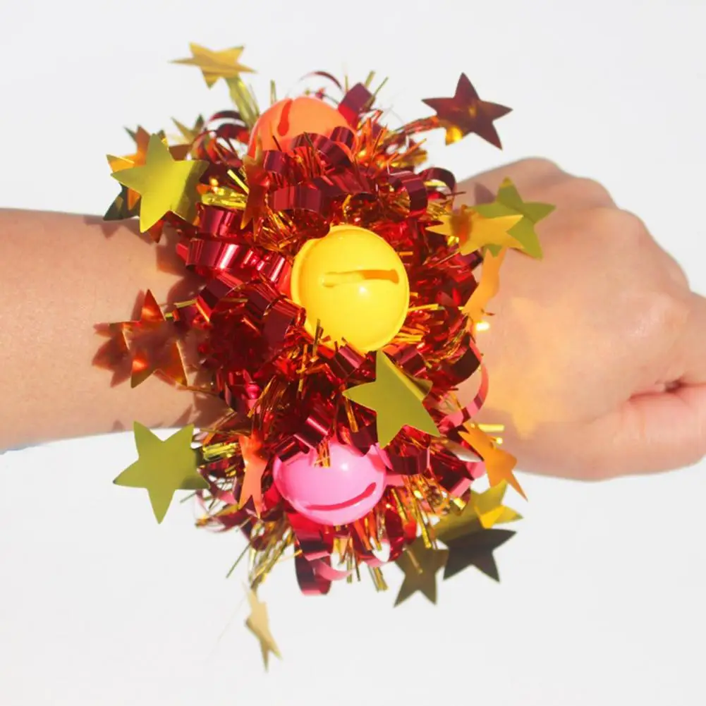 2Pcs Wrist Flower with Star Bell Decor Cheerleading Cheer Elastic Band Bracelet Holiday Celebration Metallic Sparkling Wrist Acc