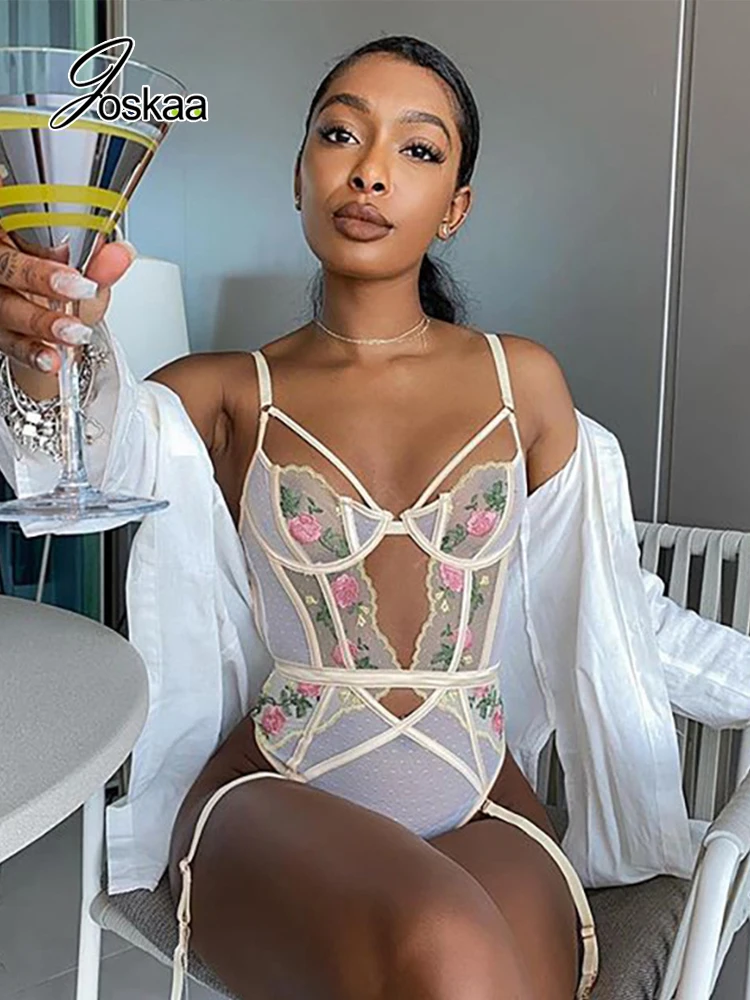 Joskaa Floral Embroidery Lace Bodysuit Women Shapewear Summer 2022 Sexy