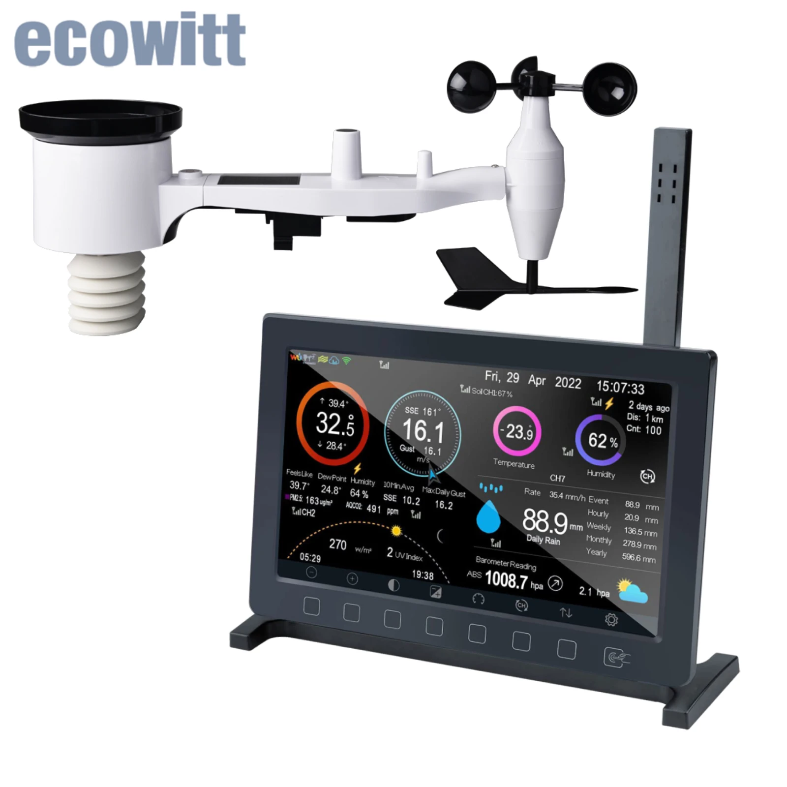 HP2561 Wi-Fi Weather Station TFT Colour Display Touch Button with Solar  Powered 7-in-1 Outdoor Sensor Array