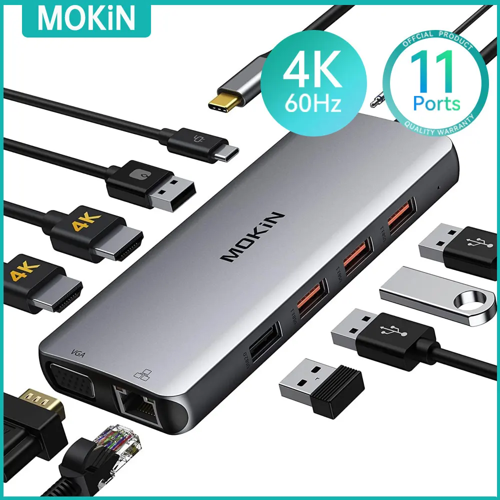 

Док-станция MOKiN для ноутбука MacBook Pro, док-станция с USB C на 4K60Hz, HDMI, с тройным дисплеем, USB 3,1, 10 Гбит/с, SD/TF ,PD100W