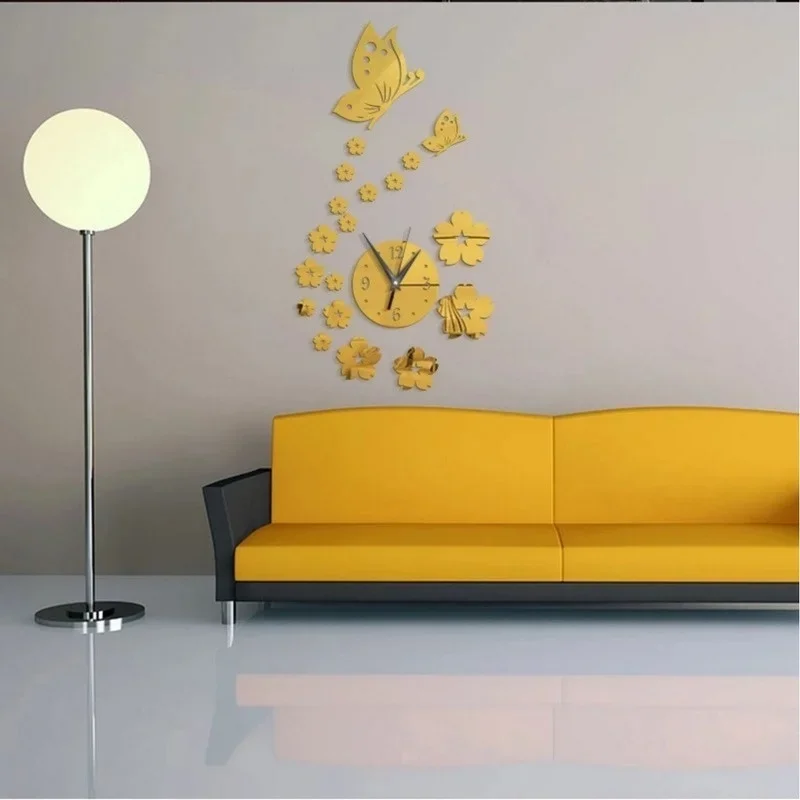 Acrylic Mirror Stickers Wall Clock Modern Design Butterfly 3D DIY Clocks for Girl Gift Living Room Home Decor wall clock wall clock sticker