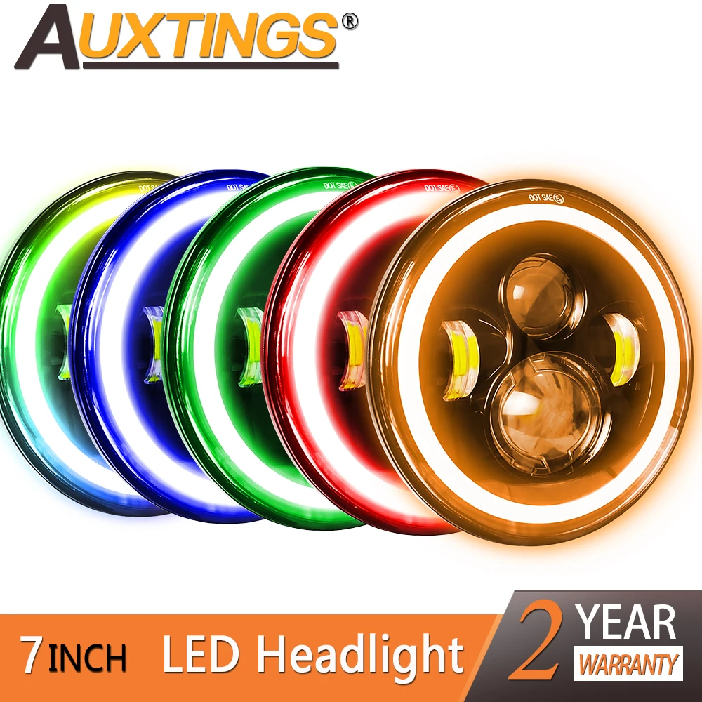Auxtings 7인치 오토바이 LED 헤드라이트, 앰버/레드/블루/그린/RGB 헤일로 방향지시등 화이트 DRL (랭글러 JK TJ CJ LJ 헤드램프용)