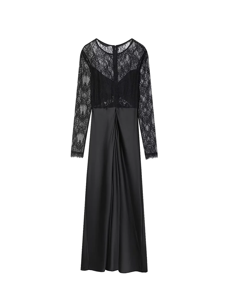 Women's Lace Slimming Midi Dress Fashion Splice Long Sleeve Semi-transparent Sexy Club Party Clothes Female Elegant Black Dress