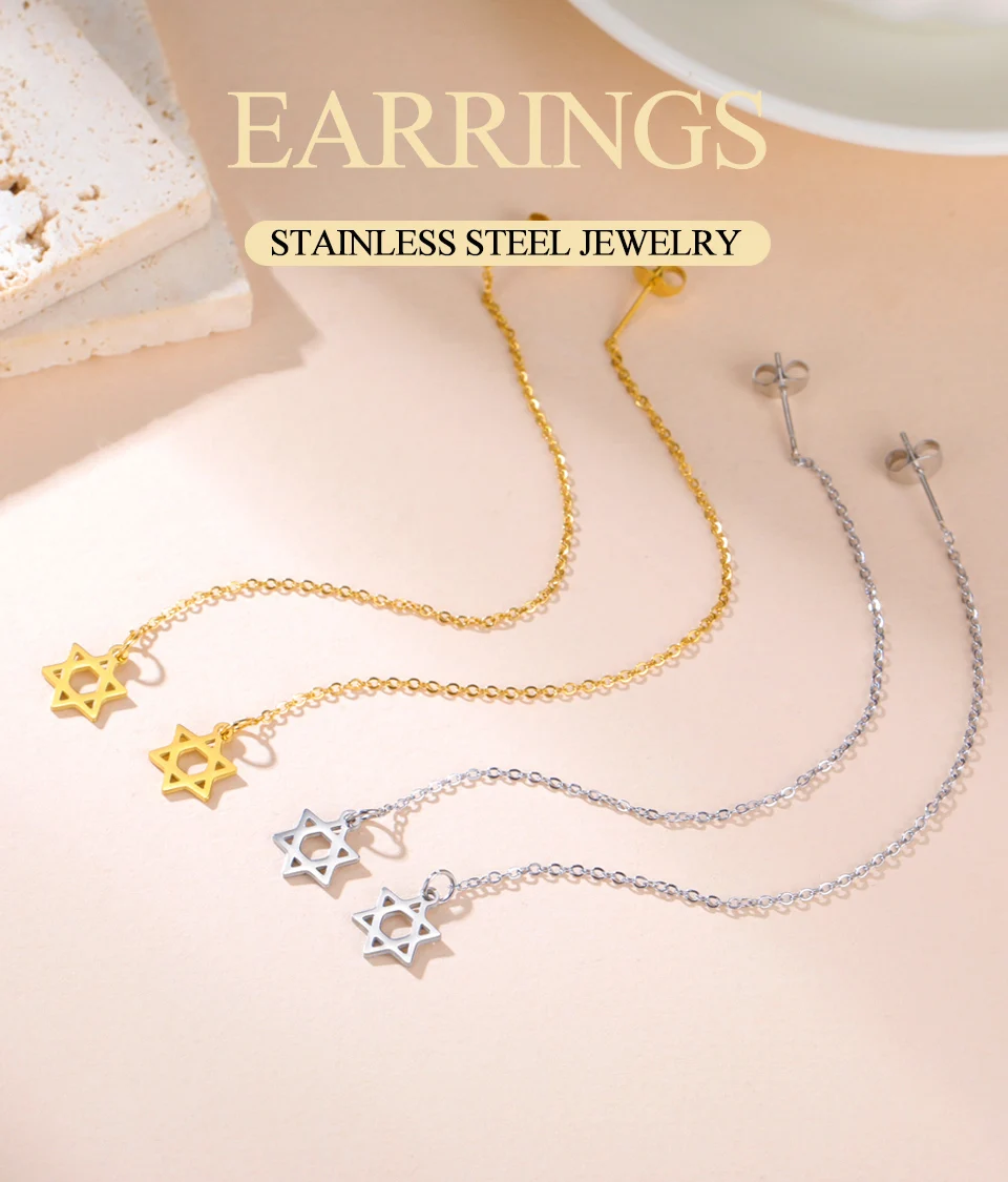 Dawapara Judaic Davidstern Quasten Lange Ohrringe für Frauen Minimalistische Hexagramm Einfädler Ohrringe Edelstahl Schmuck – Detail 1