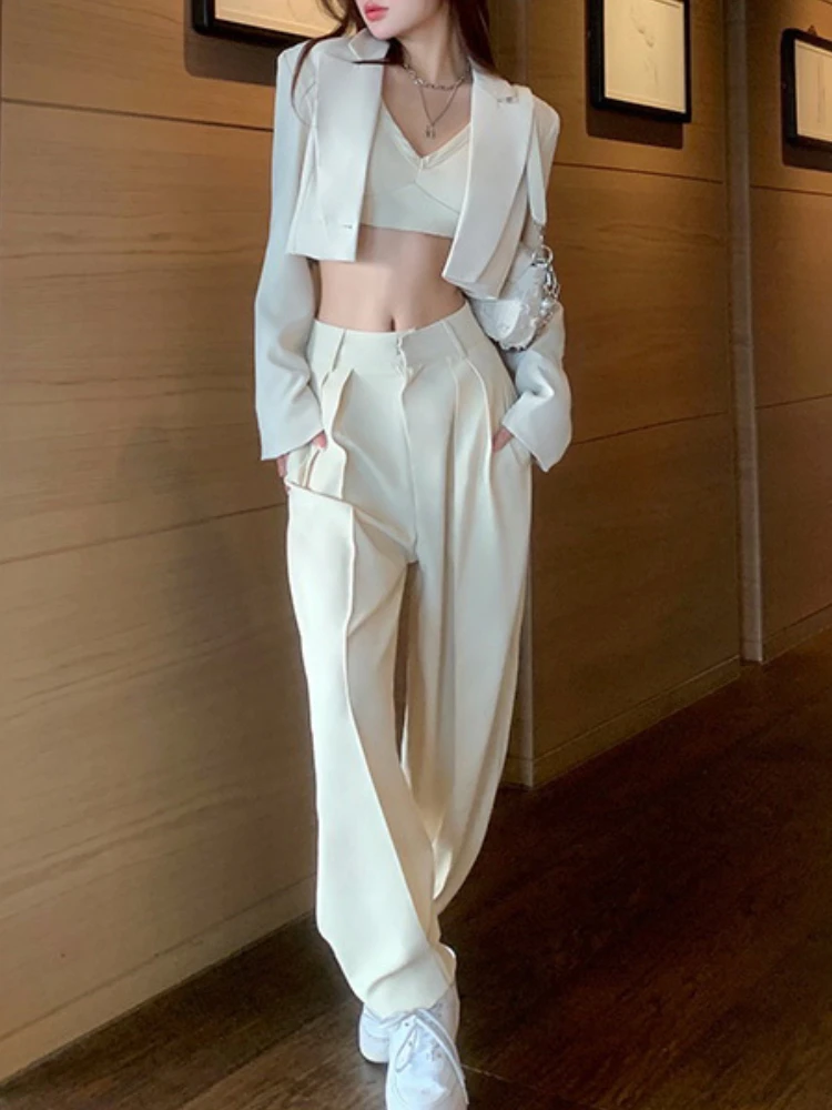 

Fashion New Spring Women Elegant Blazer 2 Piece Vintage Cropped Blaser Jackets Casual Straight Trousers Suit Female Chic Outfits