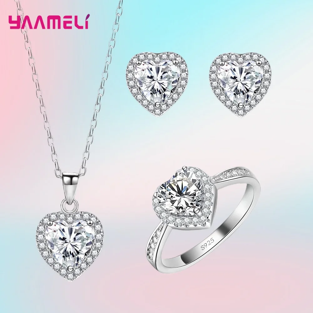 

Romatic Birthday Valentines Day Gift Luxury 925 Sterling Silver Jewelry Sets Full Cubic Zircon Heart Ring Necklace Earrings