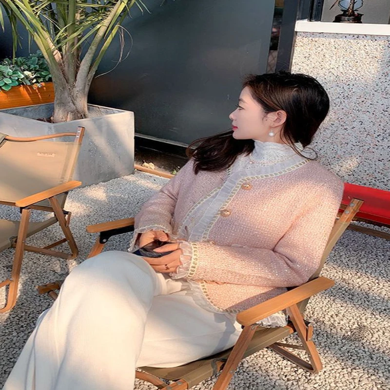 

2022 Korean fashion Rough Tweed short jacket women Autumn long sleeve button cardigan chic top elegant temperament Female coat