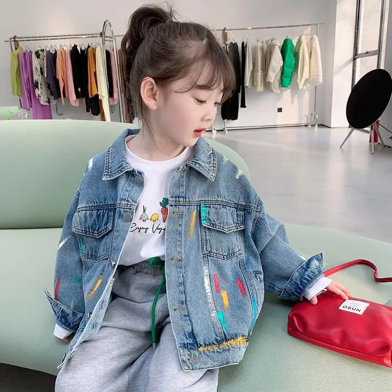 

Children's Clothing Girl's Denim Jacket 2023 Spring Colorful Graffiti Print Turn-Down Collar Single Breasted Causal 5-14 Yrs