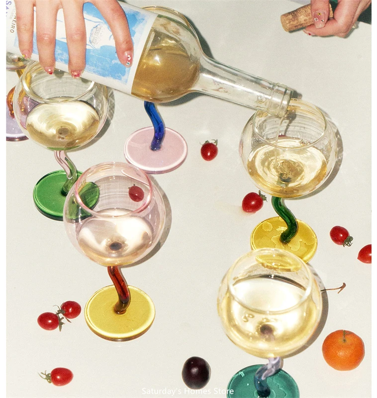 Multicolored Glass Goblet Mug Champagne Cocktail Twisted Cup Pole Wine Cup Barware Table Decor Borosilicate Glass