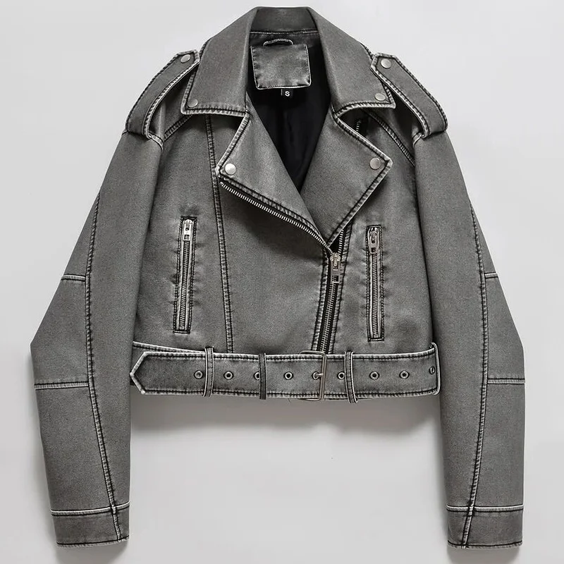 Women Faux Leather Jacket - Vintage Loose Fit Biker Zipper Belt Moto Coat