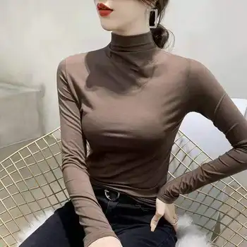 하프 하이 칼라 바닥 셔츠 여성 가을과 겨울 올 매치 웨스턴 스타일 블랙 2023 새로운 슬림 핏 내복 티셔츠 여성 최고 패션