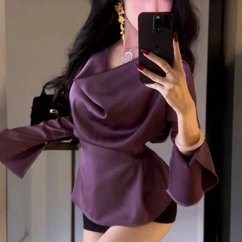 

Spring Autumn New Solid Color V-neck Fashion Long Sleeve Blouse Women High Street Slim Pullovers Elegant Pleated Lacing Tops