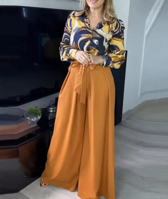 

Elegant Summer Women's Suits Long Sleeve Shirt Fashion Two Piece Set Outfit High Waist Lace Up Wide Leg Pants Set Streetwear