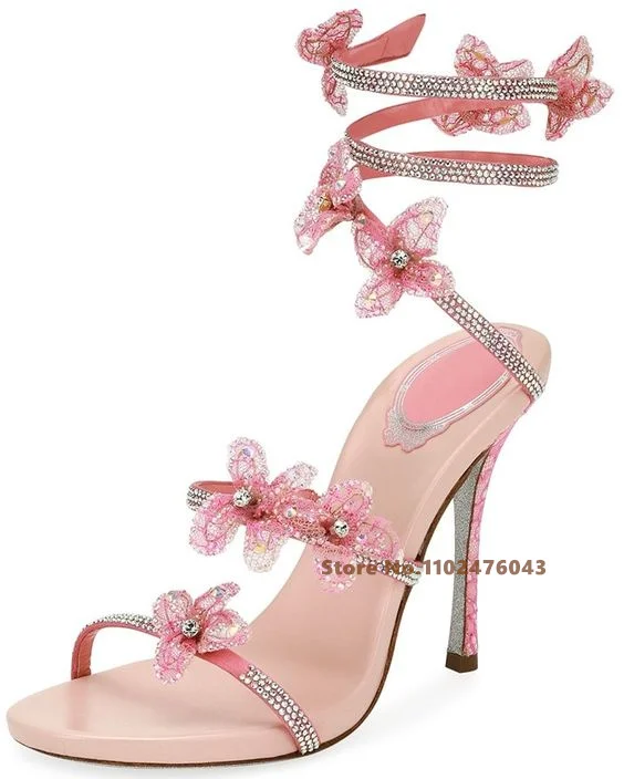 

Butterfly Pearl Crystal Ankle Wrap Sandals Bling Bling Flower Thin Heels Shoes Pointed Toe Women Newest Modern Summer Sandals