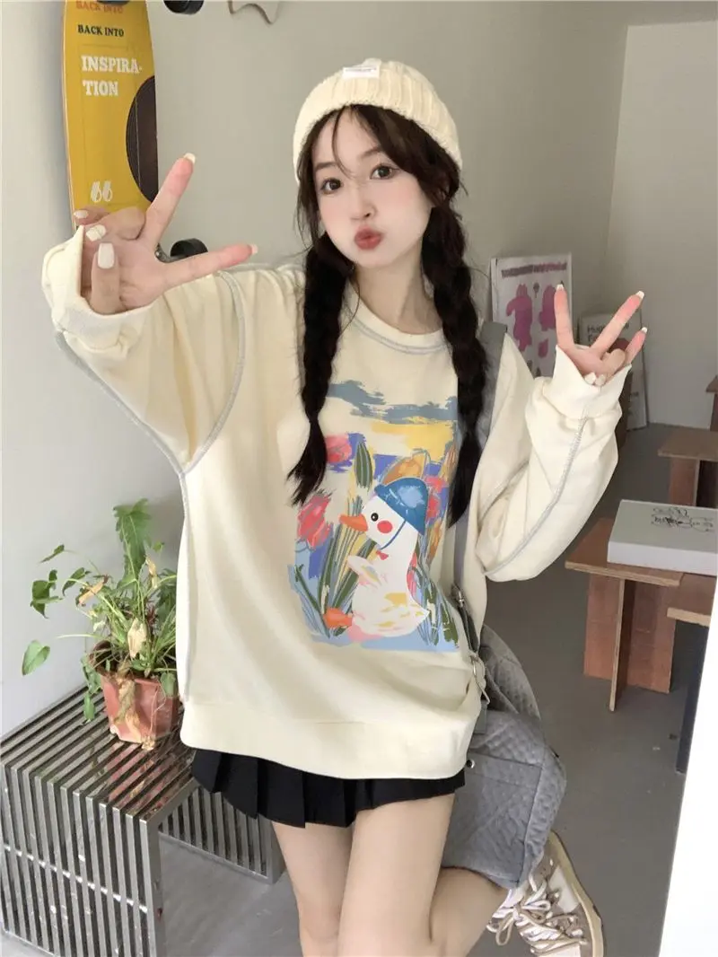 Y2k Kawaii Cute Duck Print O Neck Hoodies Spring Patchwork Women Long Sleeve Tops Japanese Sweet Contrast Color Sweatshirts