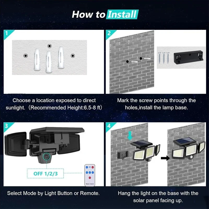 208LED Solar Outdoor Lights Security Lights with Remote Control 3 Heads Motion S