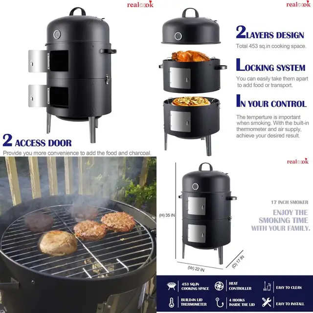 Sturdy 17 Round Charcoal Smoker, Outdoor BBQ Grill for Heavy-Duty Cooking in Black 1