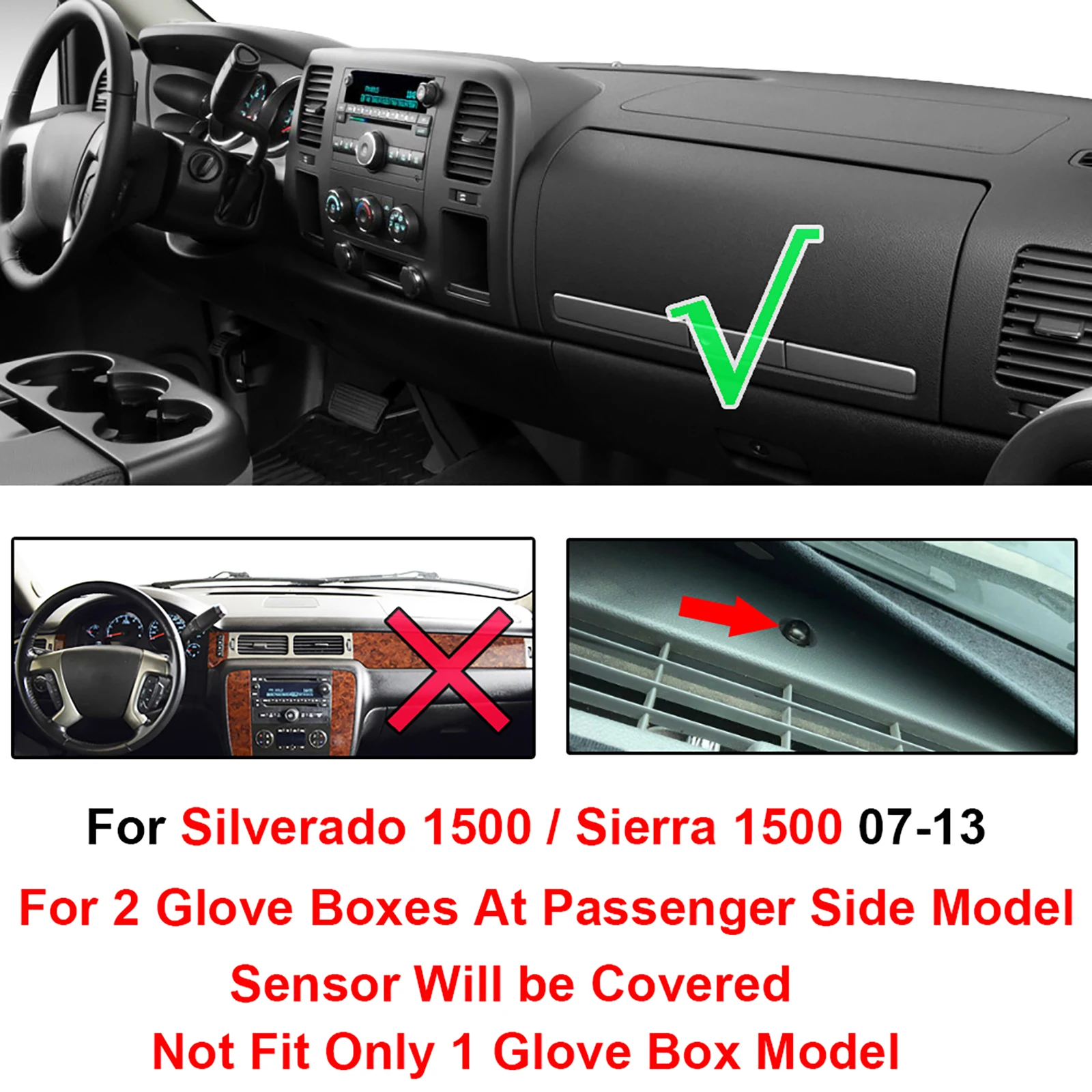 OEMASSIVE Dash Mat Dashboard Cover Sun Shade Cover Carpet For Chevrolet Silverado 1500 2007-2013 2 Glove Boxes dashboard cover