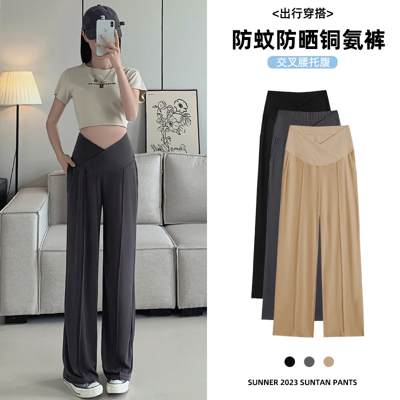 809# Autumn Spring Fashion Maternity Straight Pants Wide Leg Loose Across V Belly Trousers Clothes for Pregnant Women Pregnancy