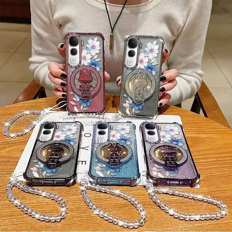 3-Piece Set: Attractive Flower Phone Case with Lanyard and Stand