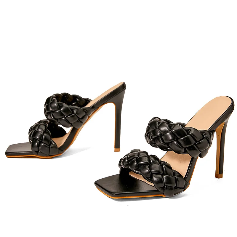 Summer Stiletto High Heels Cross Weave Women's Slippers Sandal Fashion Hollow Open Toe Solid Color Simple Slides Gladiator Shoes