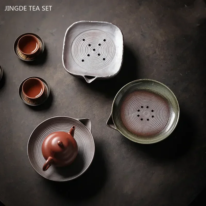 Japanese Crude Pottery Teapot Base Small Dry Tea Tray Household Tea Set Storage Trays Water Storage Tea Tray Teaware Supplies