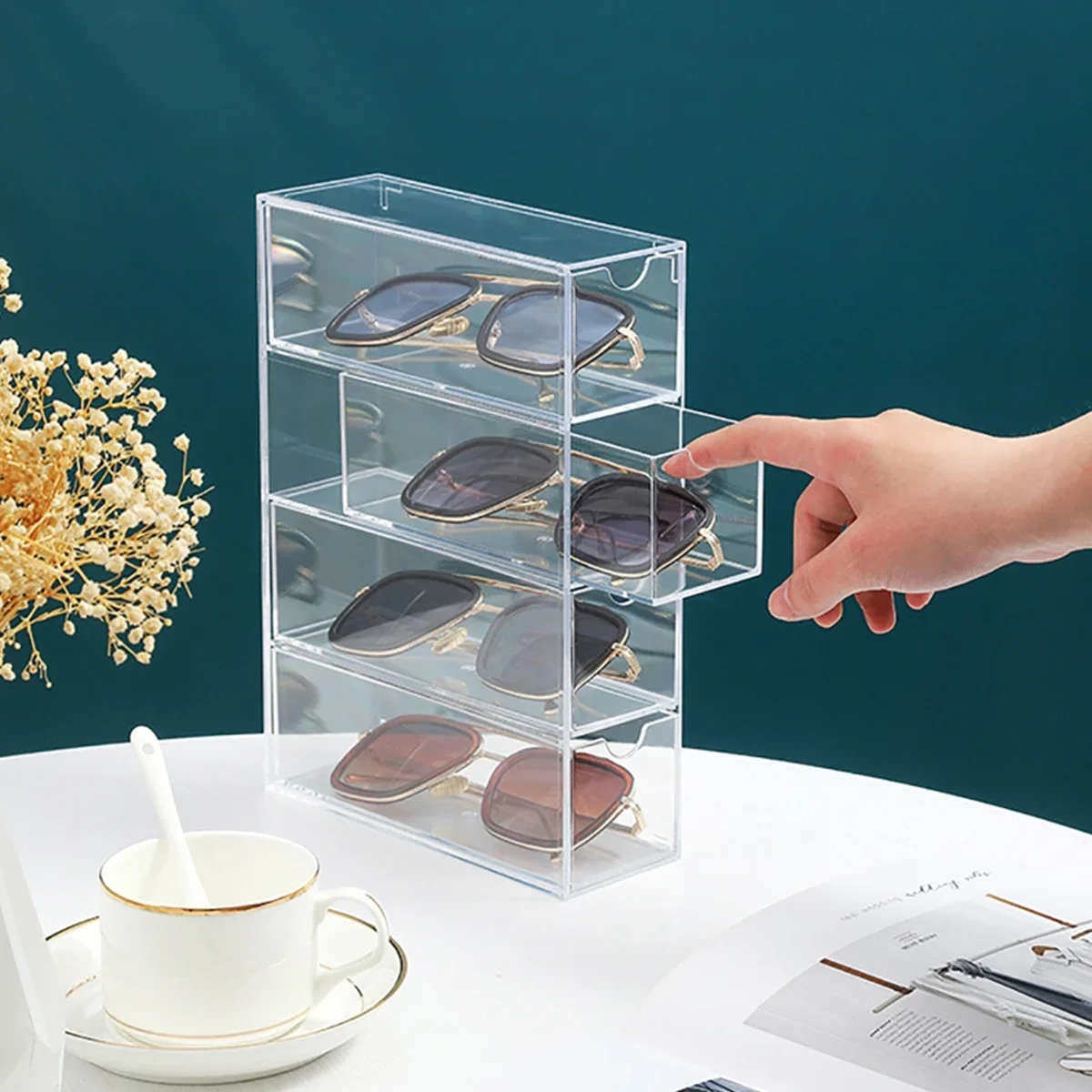 Glasses Storage Box 4 Layers Large Glasses Organizer Box Multifunctional Stackable Display Holder Reusable Acrylic