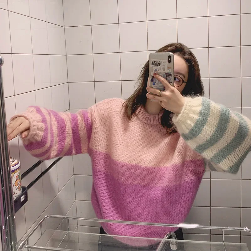 

2023 NEW Cute Sweaters Newly Women's Rainbow Mohair Striped Pullovers Puff Sleeve O-Neck Chic Pull Femme Colorful Streetwear