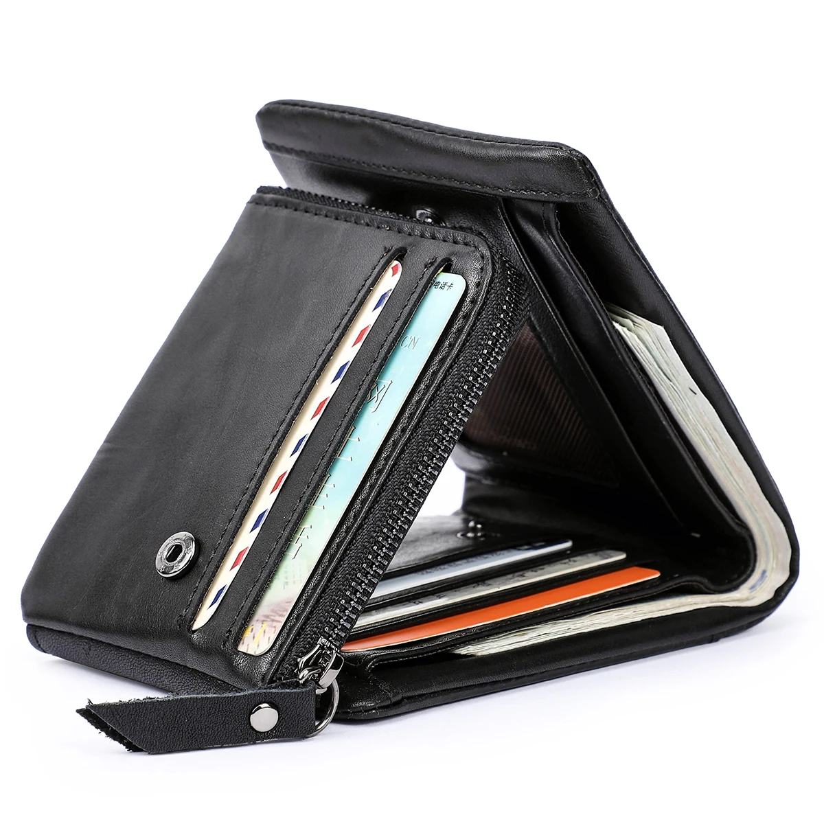 CONTACT'S Genuine Crazy Horse Leather Vintage Trifold Men's Wallet with Zip Coin Pocket