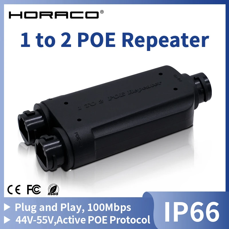 HORACO 2 포트 방수 POE 리피터 IP66 10/100Mbps 1  2 PoE 확장기, IEEE802.3af/at 48V 실외 PO..