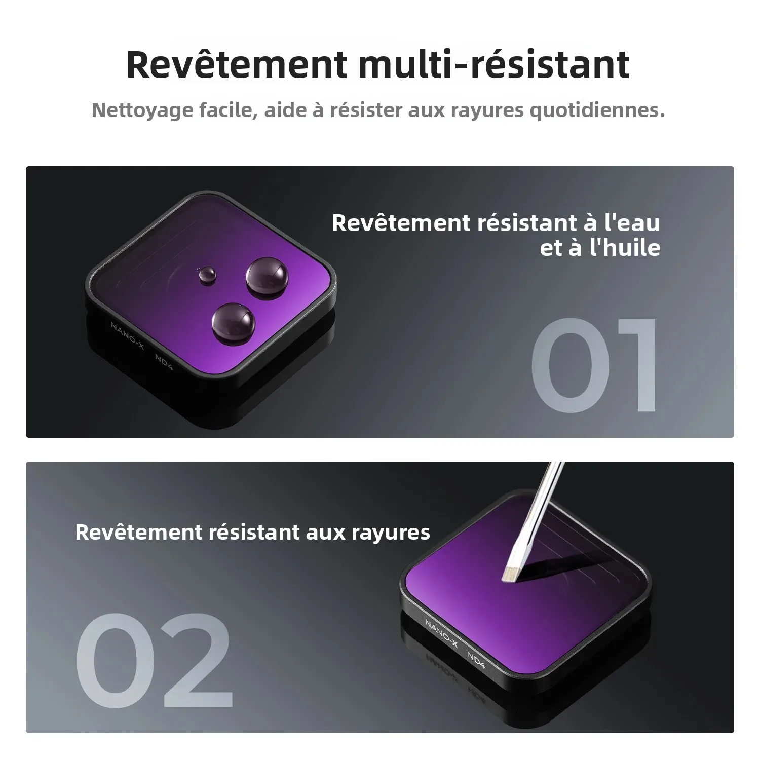 Quatre filtres polarisants pour GoPro Hero 13, 12, 11, 10 et 9, présentés en éventail.