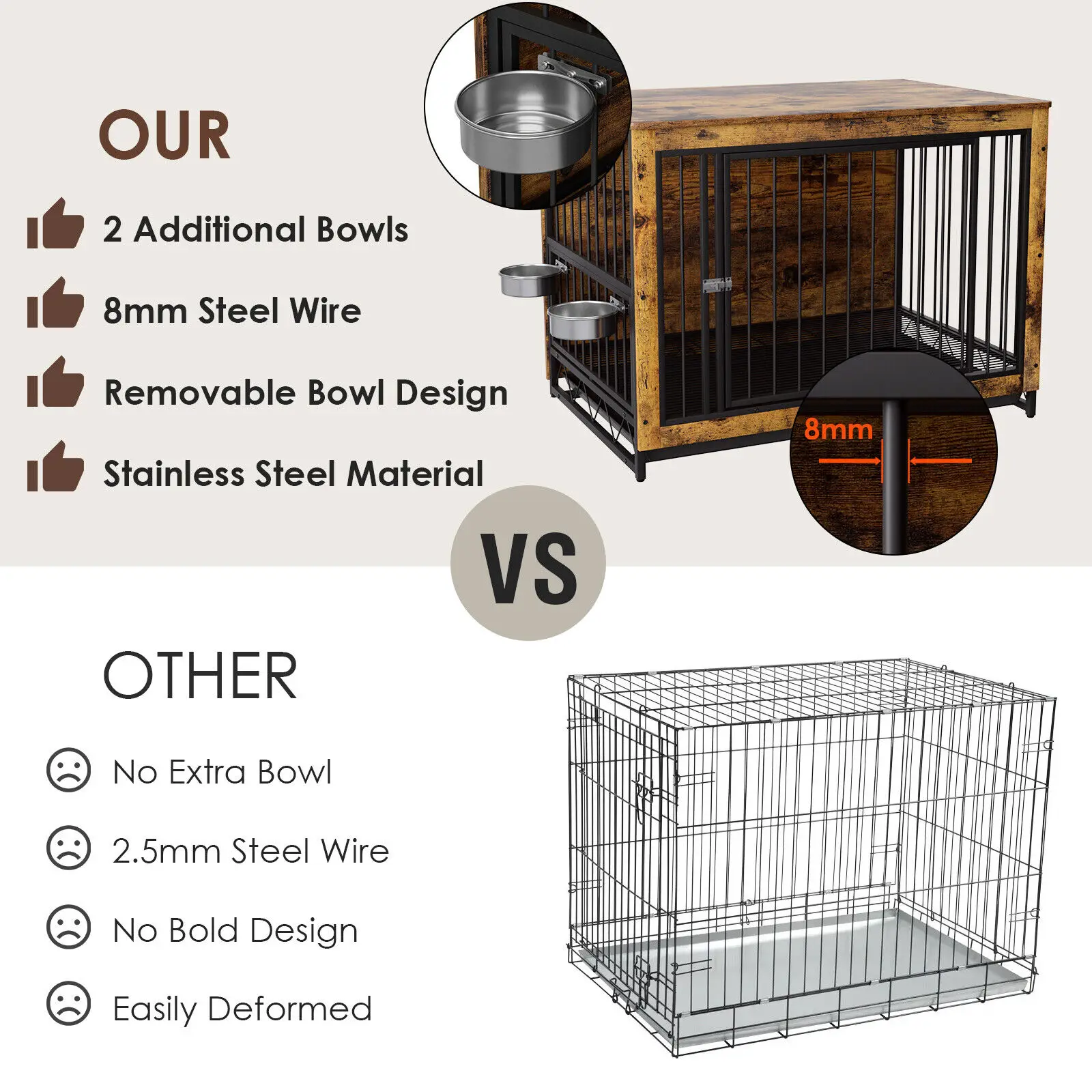 Wooden Dog Crate Furniture with Removable Bowls, Dog Crate End Table with Tray, Double Doors Kennels for Medium Indoor