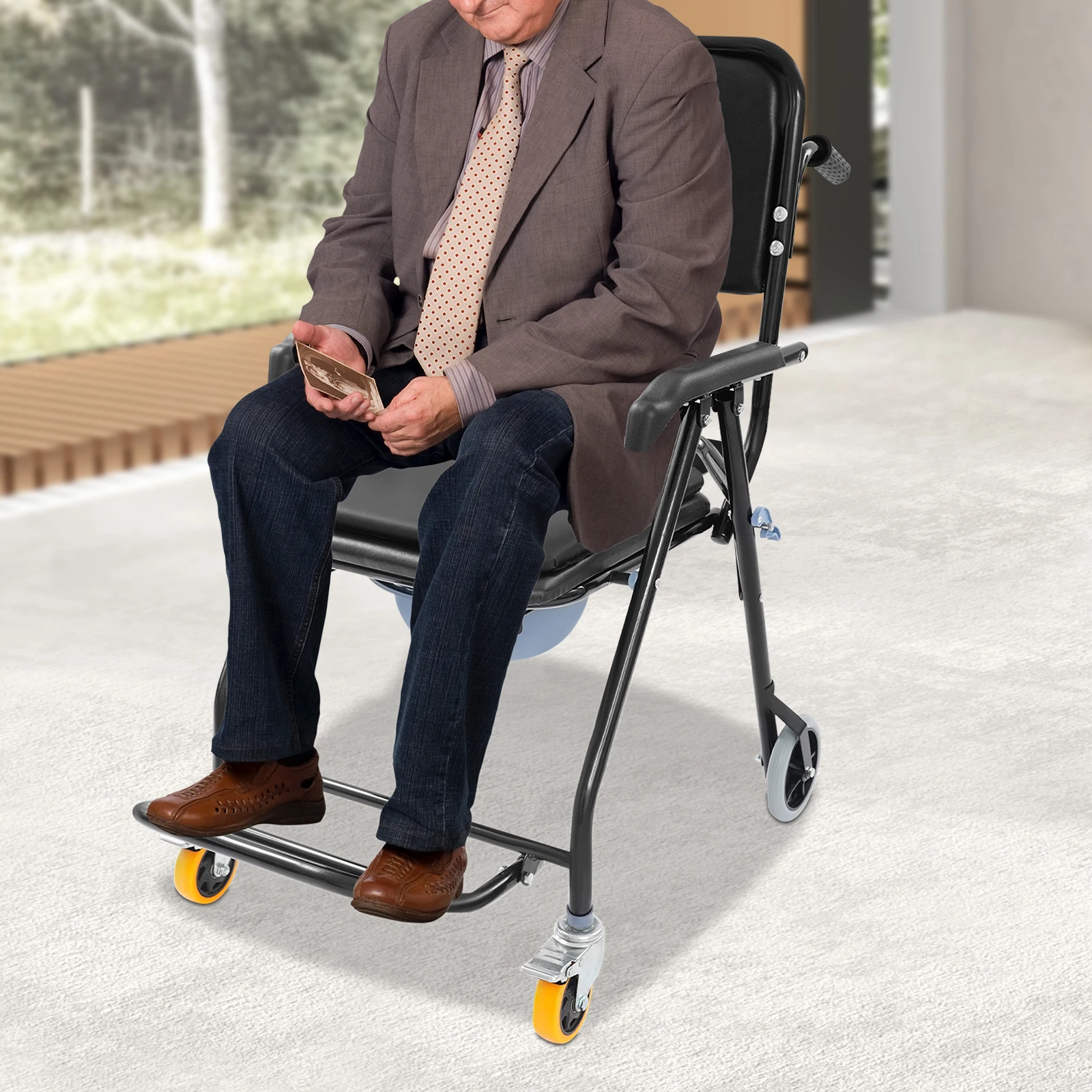 Schwarzer Rollstuhl für Menschen mit Behinderung Toilettenstuhl Duschstuhl Bettseitiger Toilettenstuhl mit Armlehnen für Senioren usw. – Detail 3