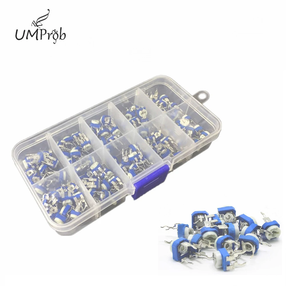 100Pcs/Box RM065 Carbon Film Horizontal Trimpot Potentiometer Assortment Kit 10 Values Variable Resistor 500R-1M for arduino