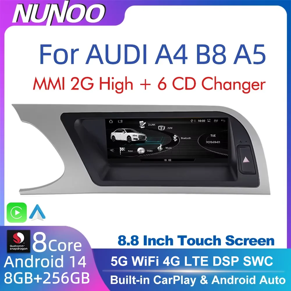 Android 14 8 + 256GB CarPlay para Audi A4 B8 A5 2008 2009 2010 MMI 2G cambiador de CD alto reproductor Multimedia para coche estéreo GPS pantalla Navi 1