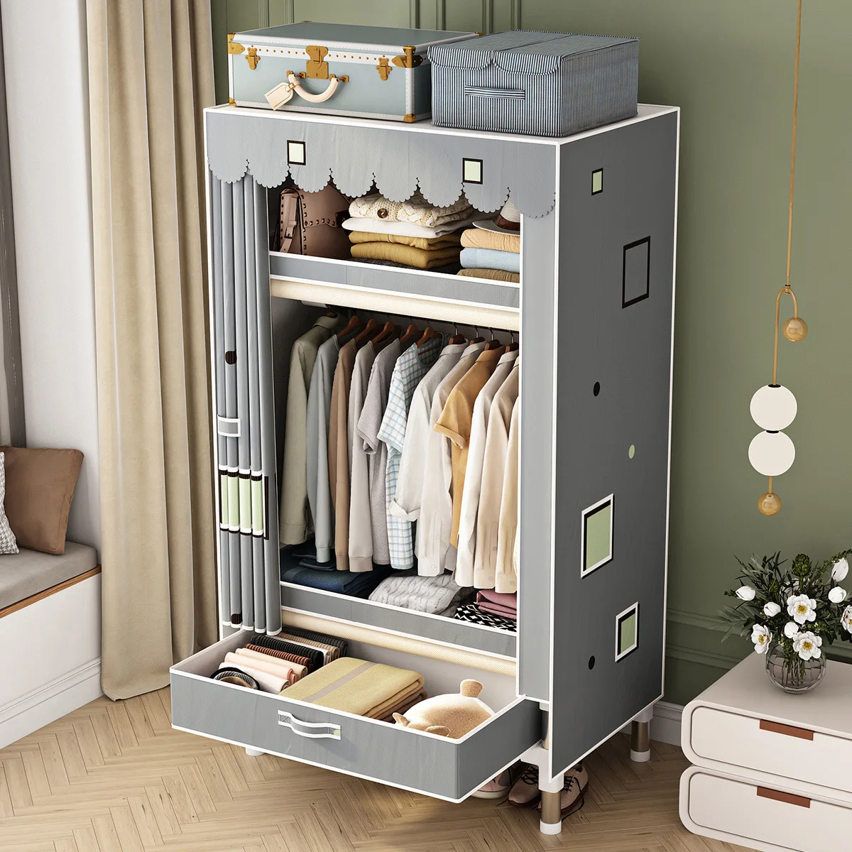 Storage Cabinet Spacious Durable Stainless Steel Wardrobe with Dustproof Cover for Bedroom Dorm Home