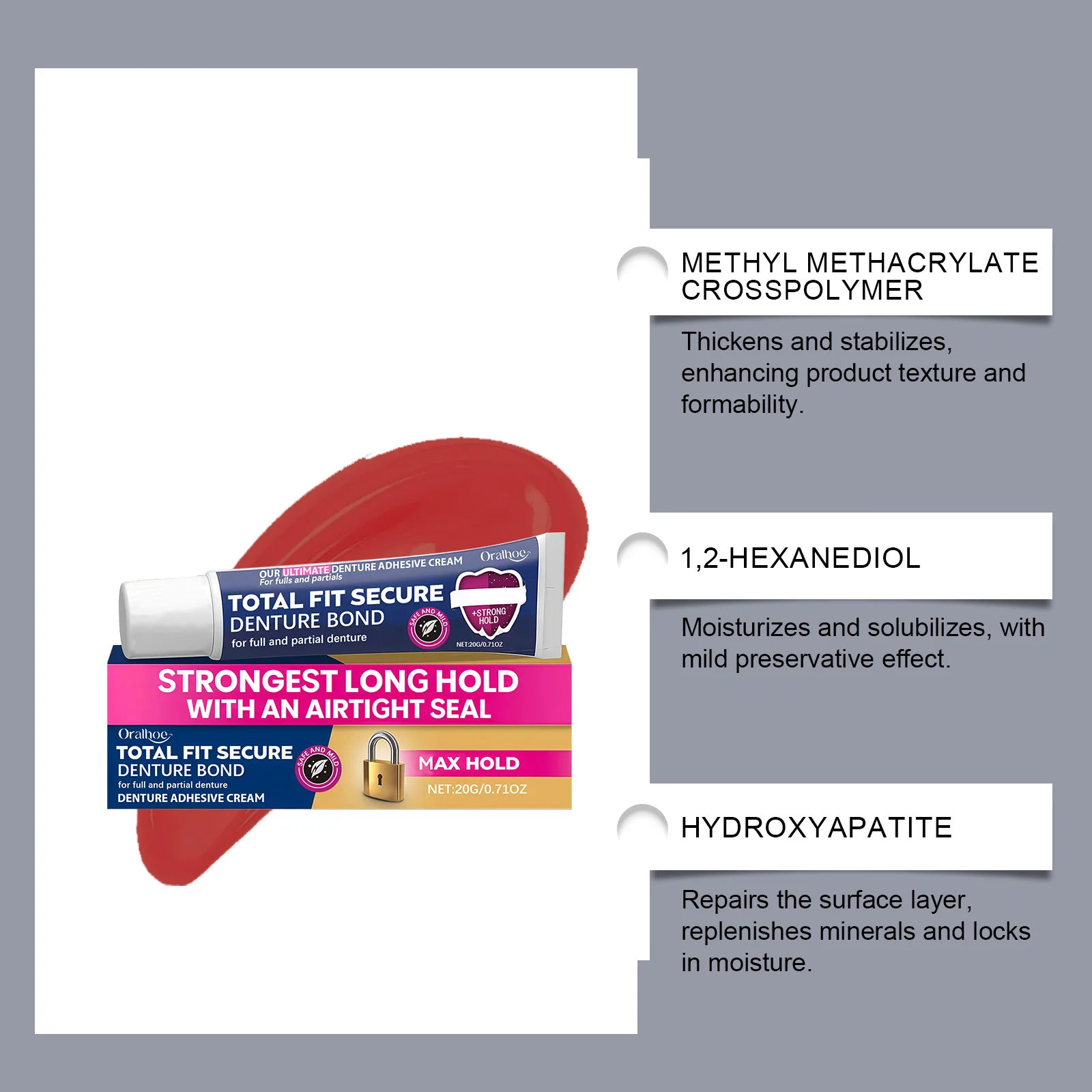 Denture Adhesive - Ensures Comfort & Aesthetics, Prevents Denture Slippage, Ideal for Daily Denture Care & Stabilization