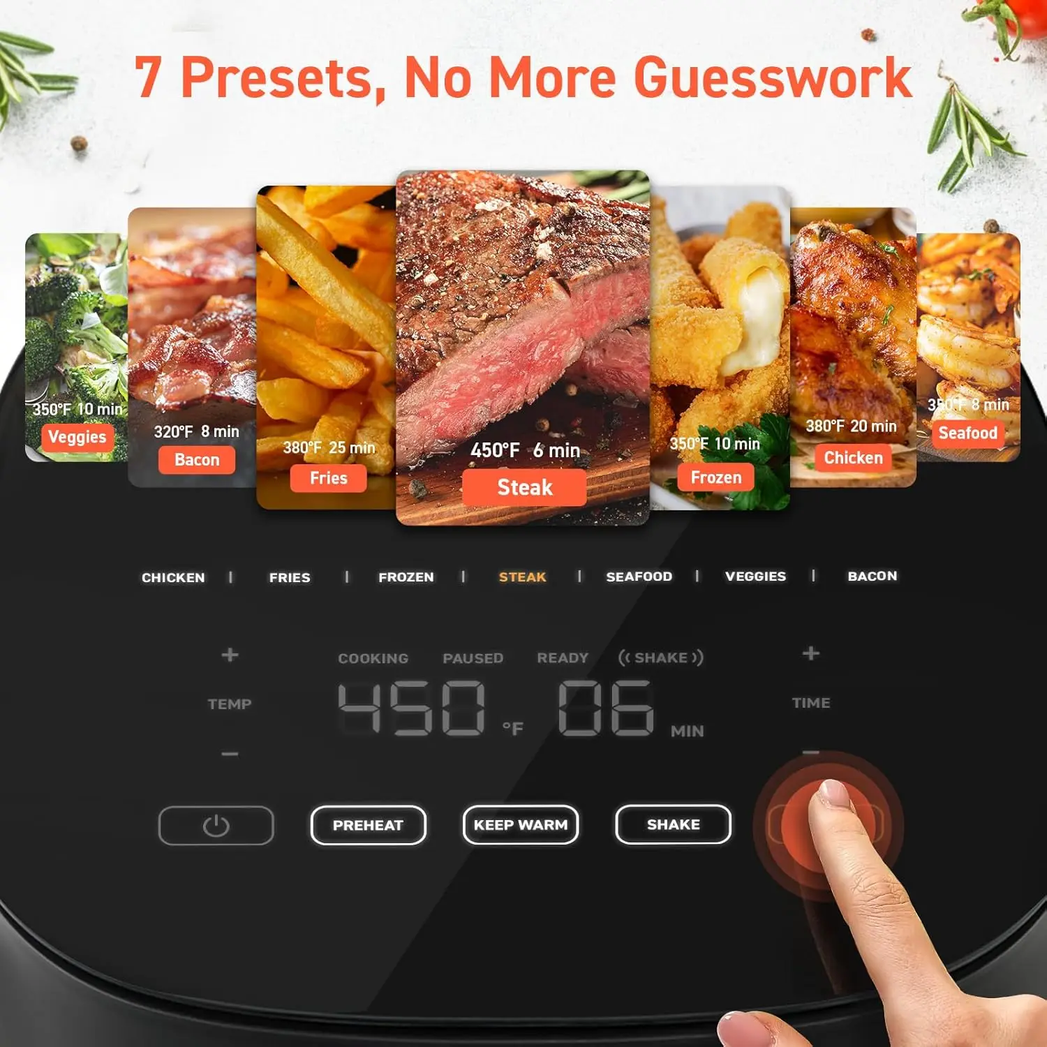 Air Fryer 5 Qt, Max 450F for Juicy Meat, Veggies, Frozen Food, Glass Touch Panel, 130+ In-App Recipes, Little to No Oil, 3