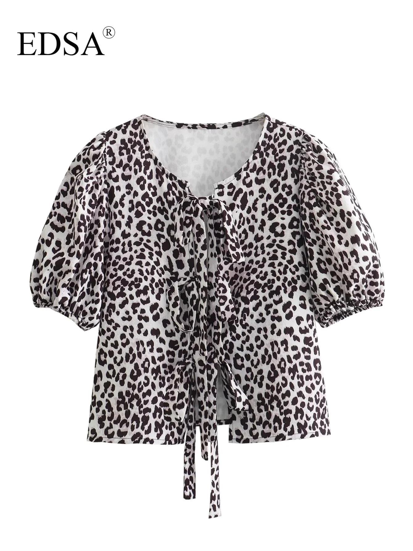 

Женская леопардовая рубашка EDSA, Элегантная блузка с коротким рукавом-фонариком и круглым вырезом, праздничные Топы