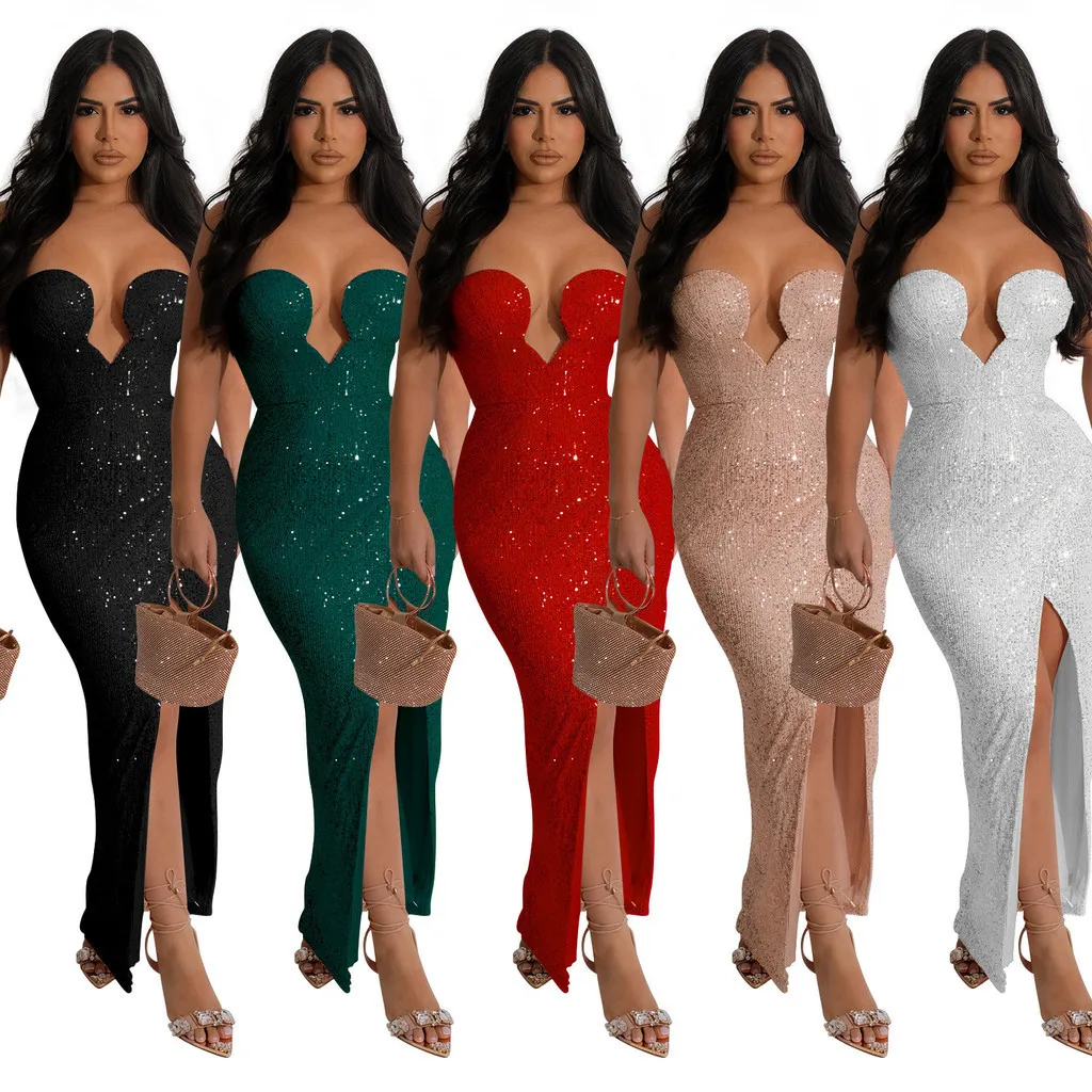 

Fashion Women Elegant Sleeveless Off Shoulder Sequins Split Maxi Long Dress Party Gowns