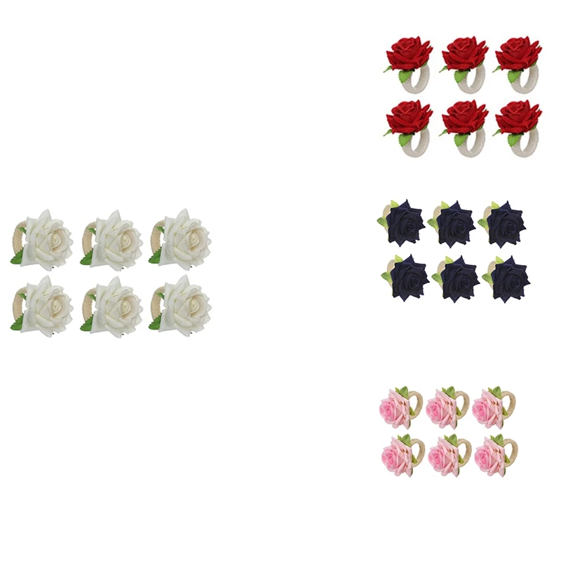

6Pcs Rose Flower Napkin Rings,Handicraft Silk Flower Napkin Holder,Valentine's,Dinner Tables Decoration