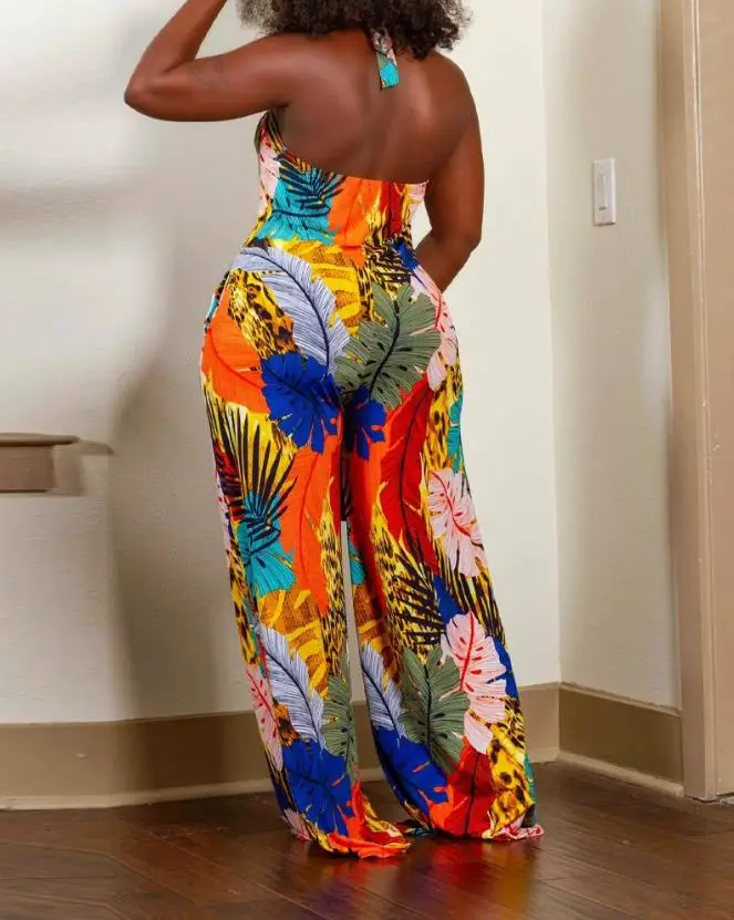 Fashion Summer Casual 2024 New Versatile Commuting Jumpsuit Elegant Women's Tropical Print Halter Backless Wide Leg Jumpsuit ﻿