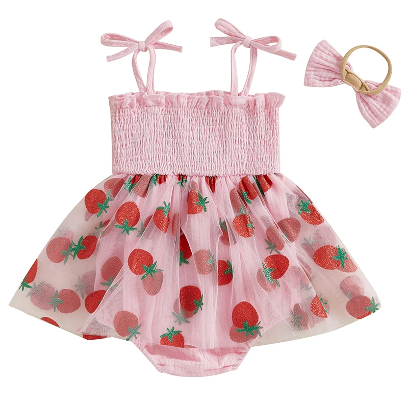 FOCUSNORM Schöne Baby Mädchen Geburtstag Strampler Kleid 0-18M Ärmellose Brief Erdbeere Stickerei Tüll Overalls mit Stirnband – Detail 8