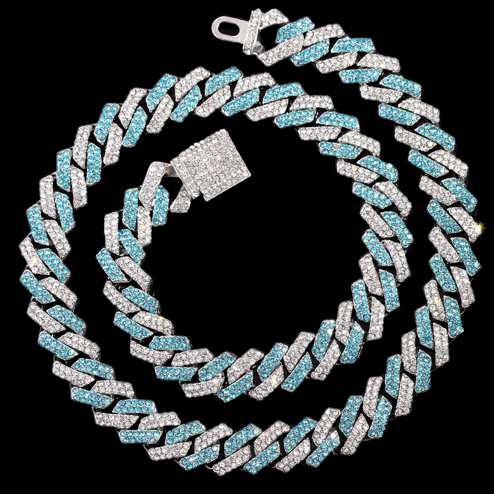 14mm Multicolor Iced Out Crystal Prong Cuban Chain Necklace for