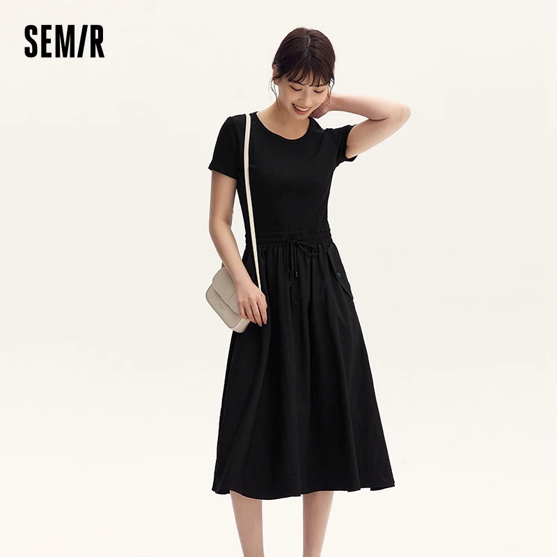 Dress Women Slim-Fit Waist-Cinching Dress Summer New Fake Two-Piece Round Neck Midi Versatile Dress