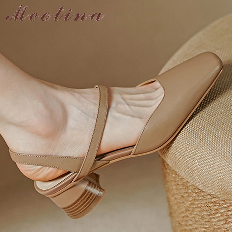 

Meotina Women Genuine Leather Sandals Square Mid Heel Sandals Square Toe Shallow Sandals Ladies Summer Fashion Shoes Apricot