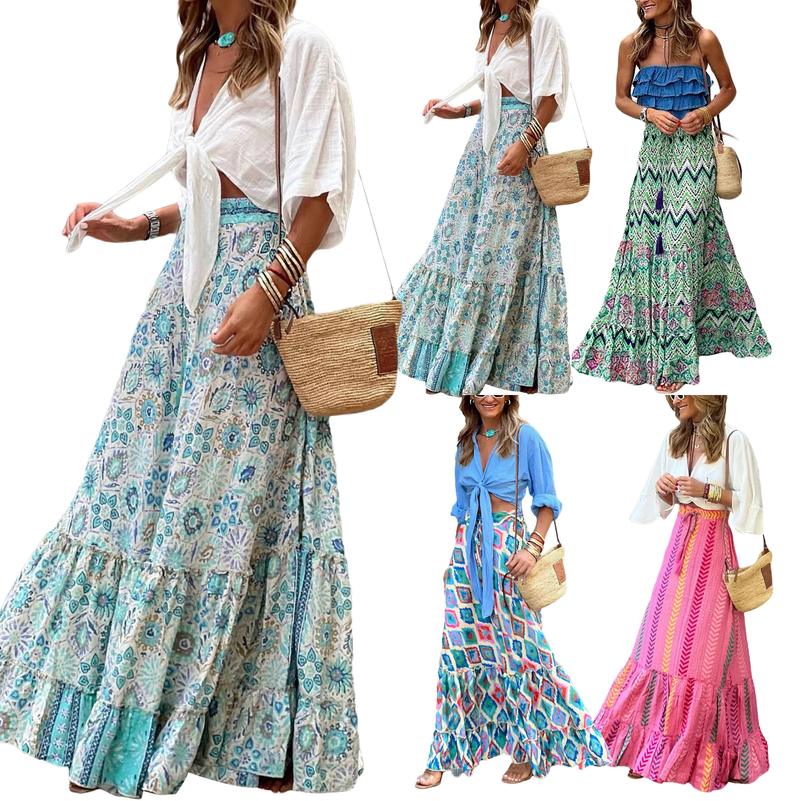 

Women Boho A-Line Skirt Printed Ruffled Hem Summer Casual Flowy Skirt for Beach Holiday Vacation Aesthetic Clothes